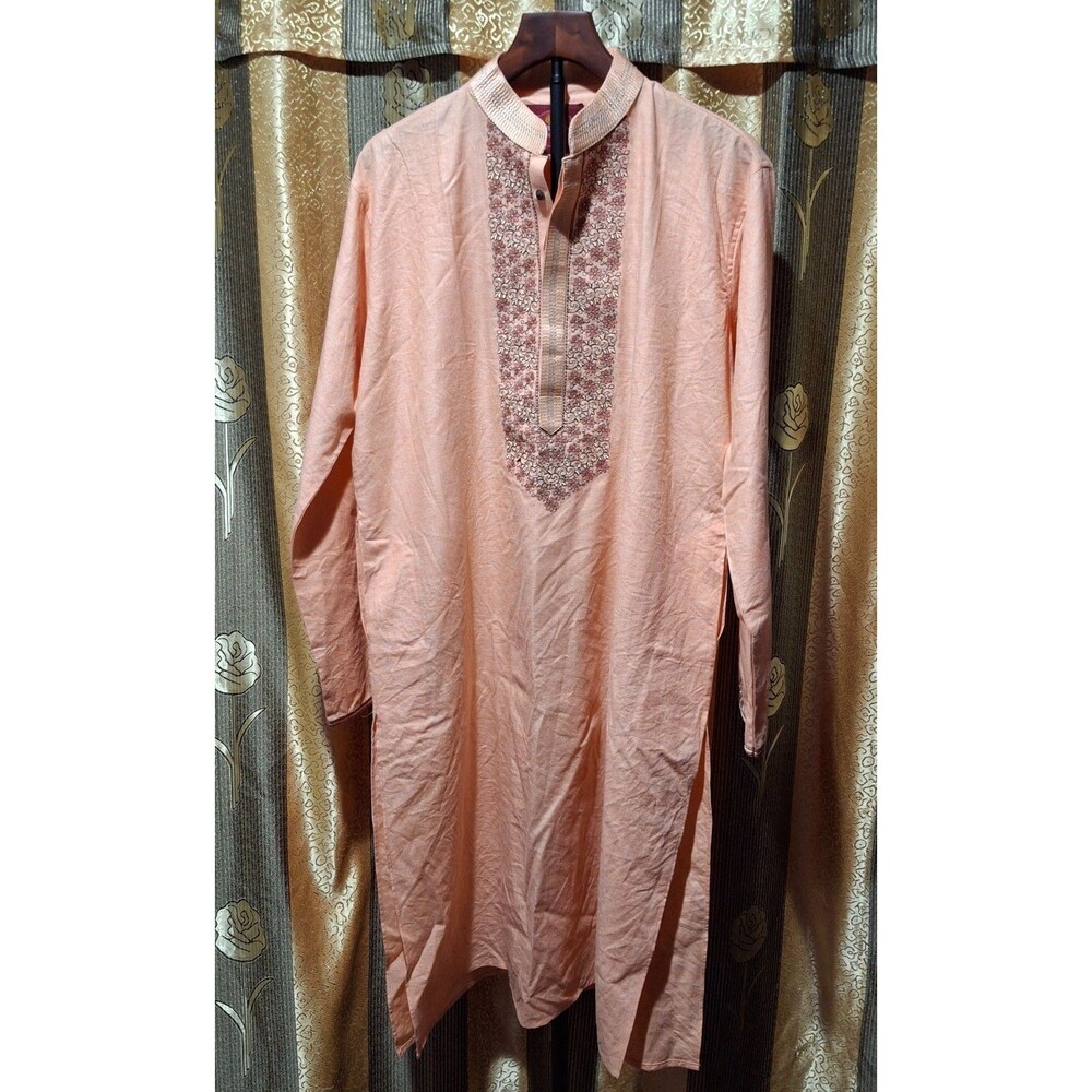 Sultan Men’s Peach Embroidered Kurta Size 44 XL Indian Wedding Festive Tunic